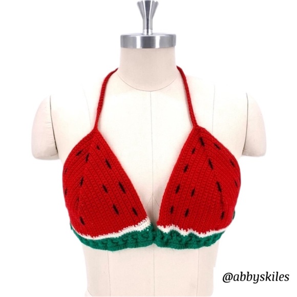 Hand Crafted Tops - Crochet Watermelon Halter Top Size 6 Summer Festival Picnic Handmade Boho